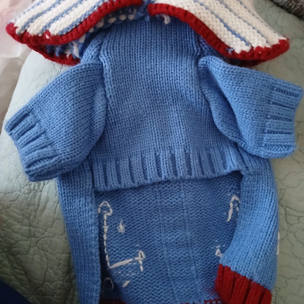 Striped Blue Dog Sweater with Nautical Anchors - Picture 4 of 10